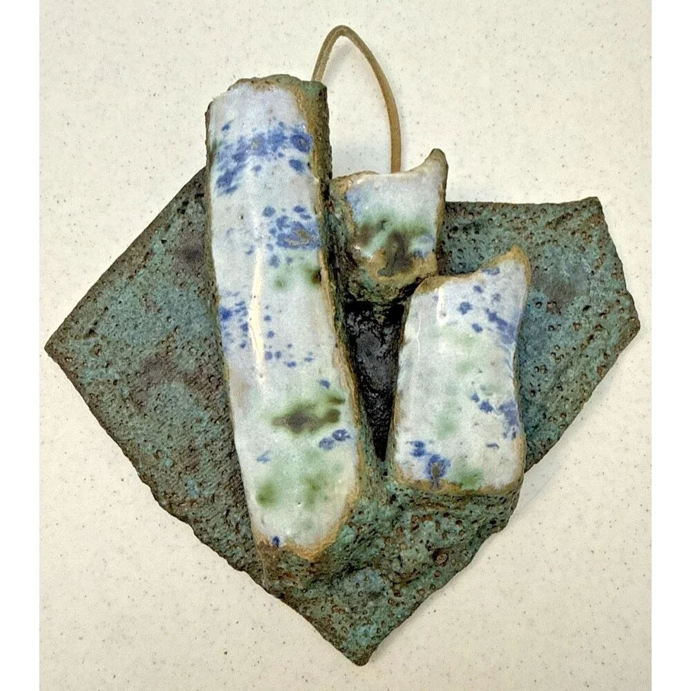 Art Pottery Wall Triple Pocket Hand Made Blue Green Speckle Neutral 9” X 9.75”
